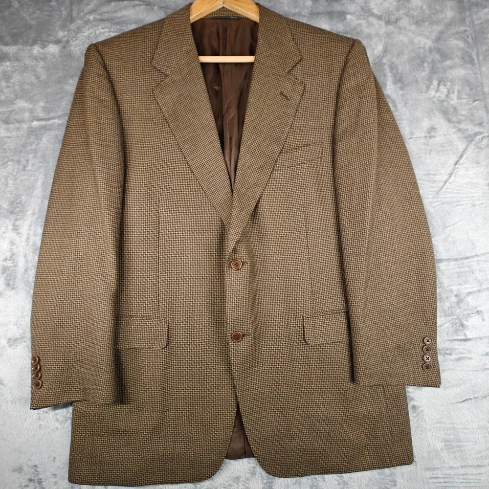Canali Blazer Mens 44 Brown Micro Check Two Button Wool Sport Coat Italy